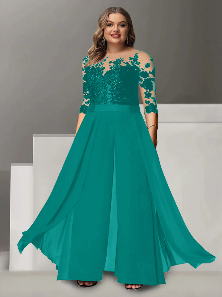 Tailleur-Pantalon pour Mère de la Mariée Grande Taille, Coupe A-Line/Princess, Col Bijou, Manches 3/4, Longueur Au Sol, avec Appliques