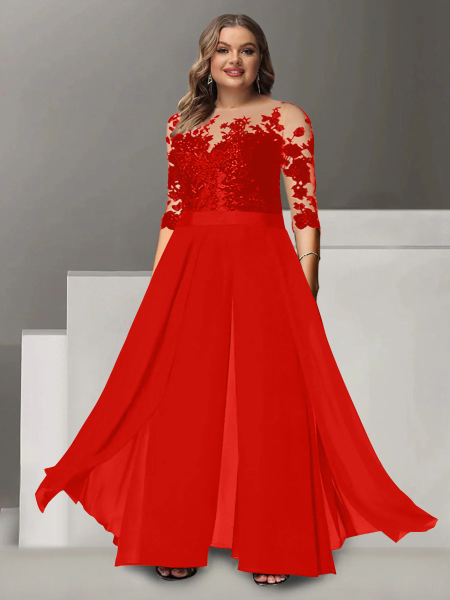 Tailleur-Pantalon pour Mère de la Mariée Grande Taille, Coupe A-Line/Princess, Col Bijou, Manches 3/4, Longueur Au Sol, avec Appliques