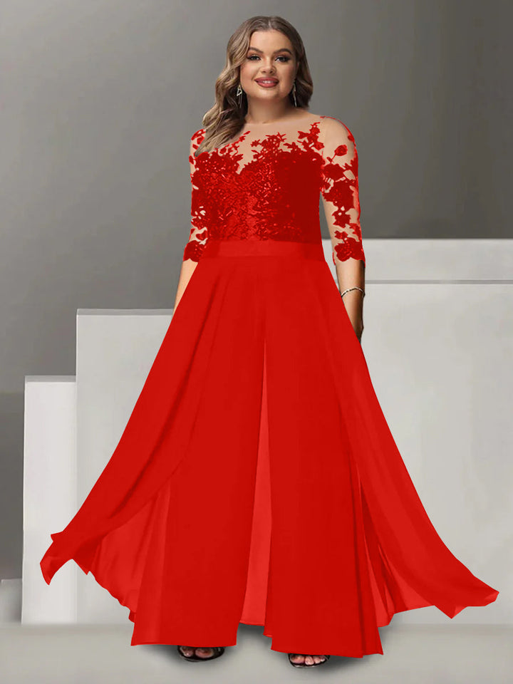 Tailleur-Pantalon pour Mère de la Mariée Grande Taille, Coupe A-Line/Princess, Col Bijou, Manches 3/4, Longueur Au Sol, avec Appliques