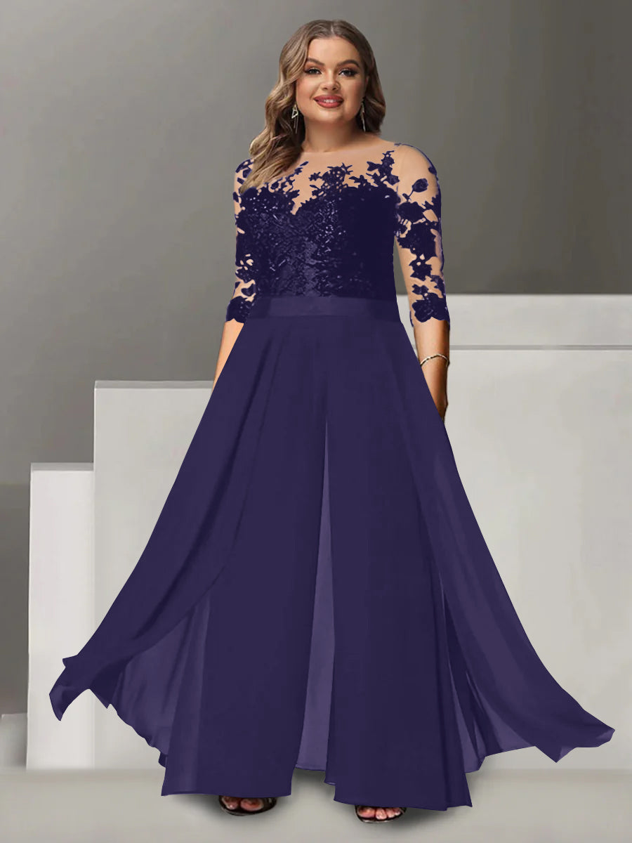Tailleur-Pantalon pour Mère de la Mariée Grande Taille, Coupe A-Line/Princess, Col Bijou, Manches 3/4, Longueur Au Sol, avec Appliques