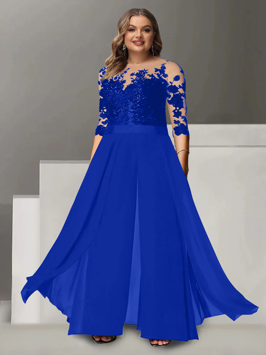 Tailleur-Pantalon pour Mère de la Mariée Grande Taille, Coupe A-Line/Princess, Col Bijou, Manches 3/4, Longueur Au Sol, avec Appliques