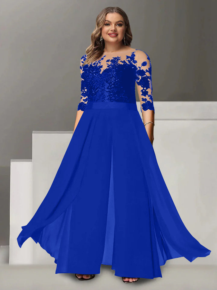 Tailleur-Pantalon pour Mère de la Mariée Grande Taille, Coupe A-Line/Princess, Col Bijou, Manches 3/4, Longueur Au Sol, avec Appliques