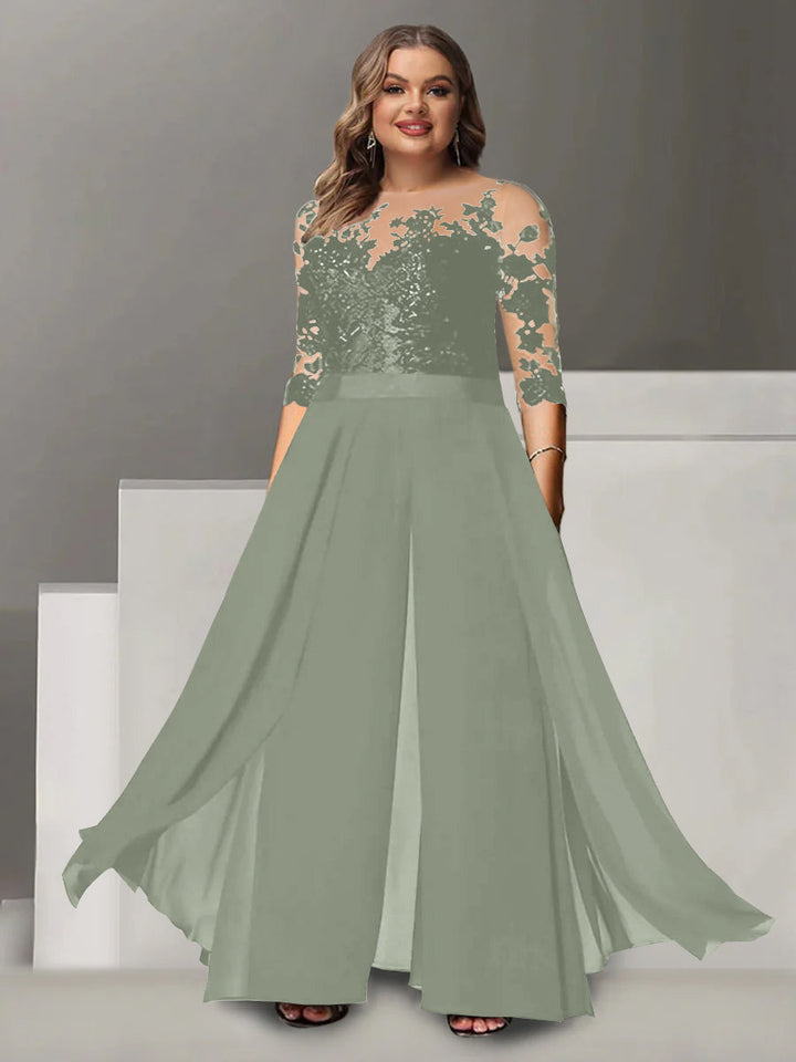 Tailleur-Pantalon pour Mère de la Mariée Grande Taille, Coupe A-Line/Princess, Col Bijou, Manches 3/4, Longueur Au Sol, avec Appliques