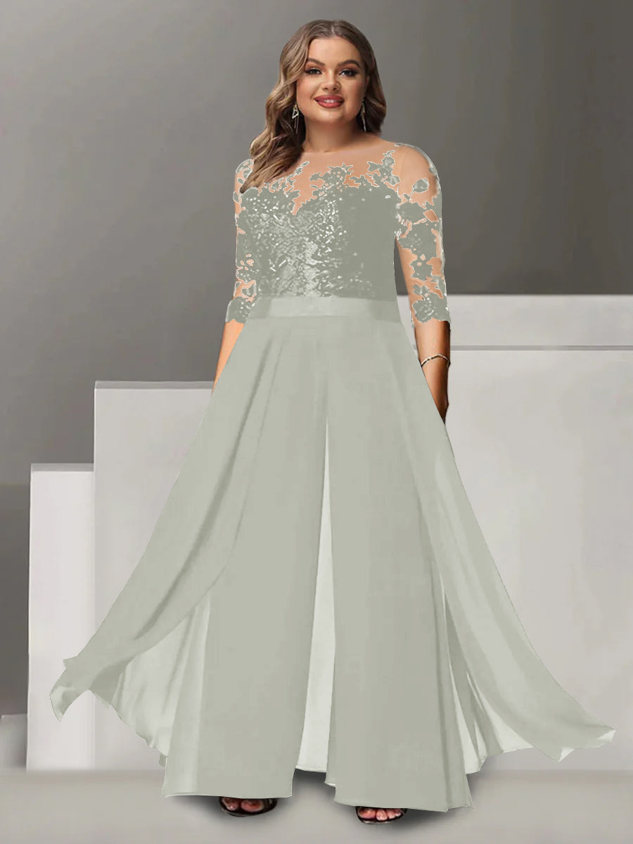 Tailleur-Pantalon pour Mère de la Mariée Grande Taille, Coupe A-Line/Princess, Col Bijou, Manches 3/4, Longueur Au Sol, avec Appliques