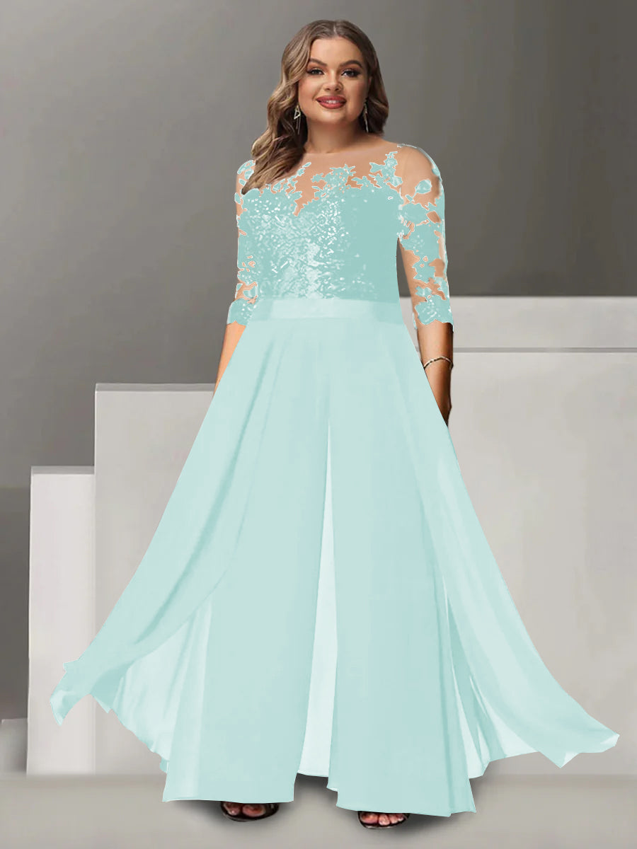 Tailleur-Pantalon pour Mère de la Mariée Grande Taille, Coupe A-Line/Princess, Col Bijou, Manches 3/4, Longueur Au Sol, avec Appliques