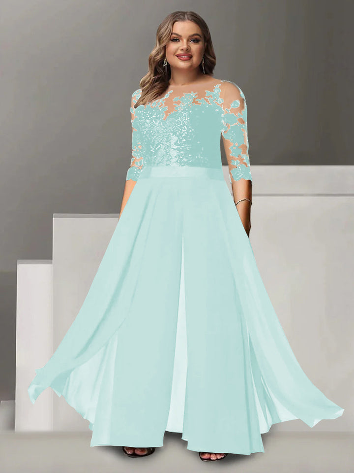 Tailleur-Pantalon pour Mère de la Mariée Grande Taille, Coupe A-Line/Princess, Col Bijou, Manches 3/4, Longueur Au Sol, avec Appliques