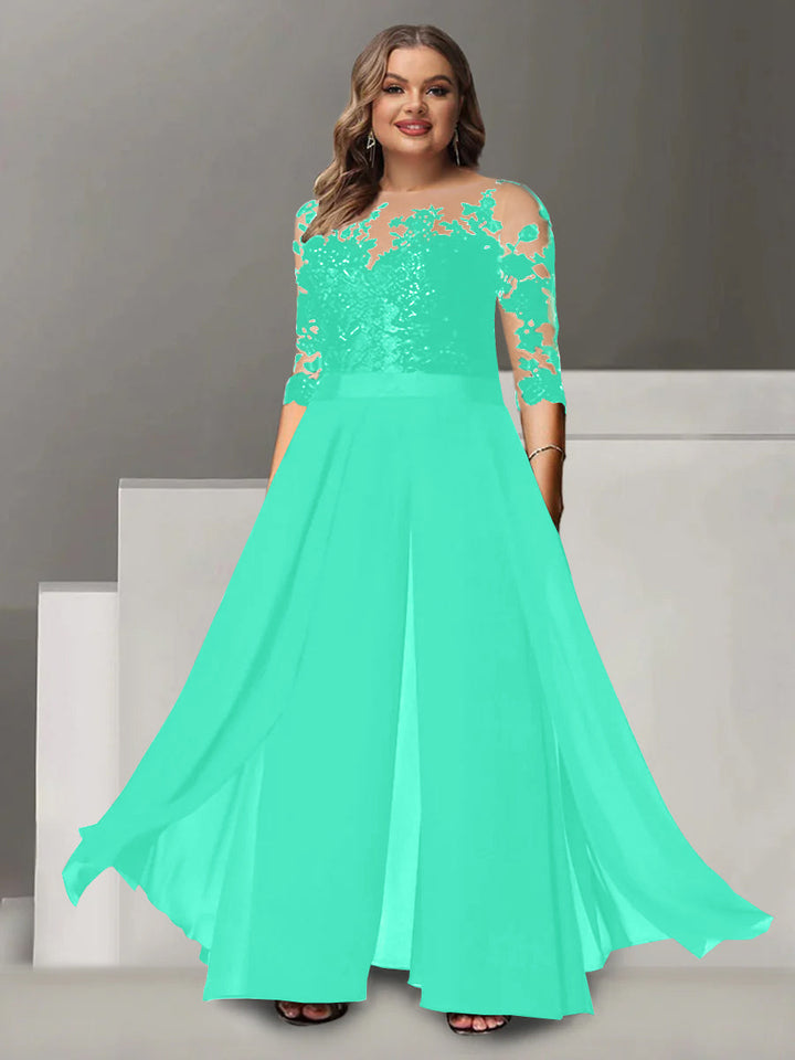 Tailleur-Pantalon pour Mère de la Mariée Grande Taille, Coupe A-Line/Princess, Col Bijou, Manches 3/4, Longueur Au Sol, avec Appliques