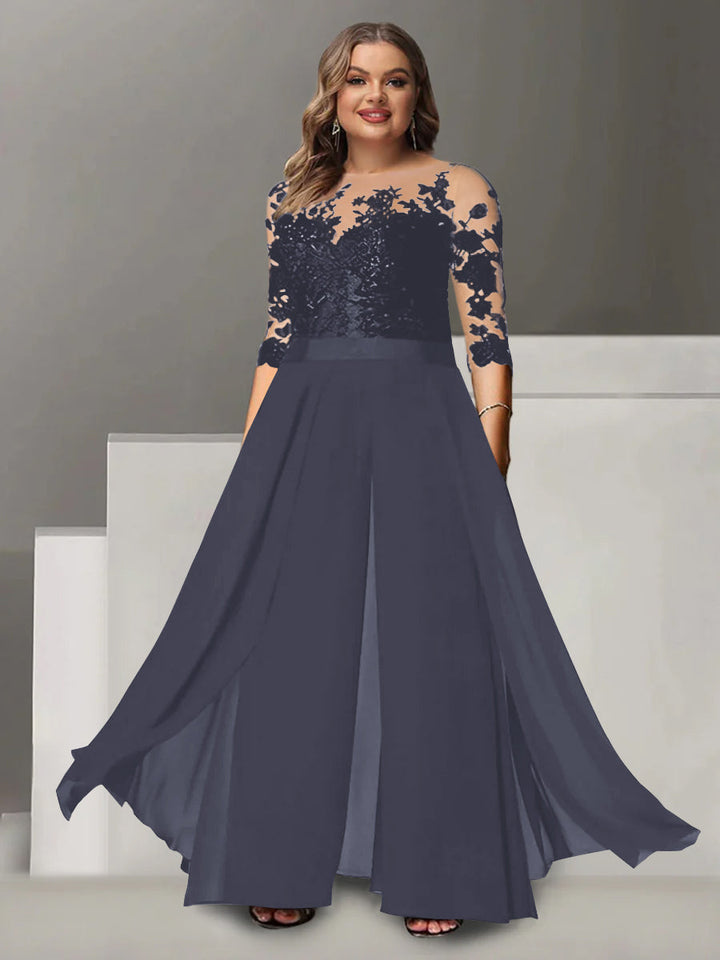 Tailleur-Pantalon pour Mère de la Mariée Grande Taille, Coupe A-Line/Princess, Col Bijou, Manches 3/4, Longueur Au Sol, avec Appliques