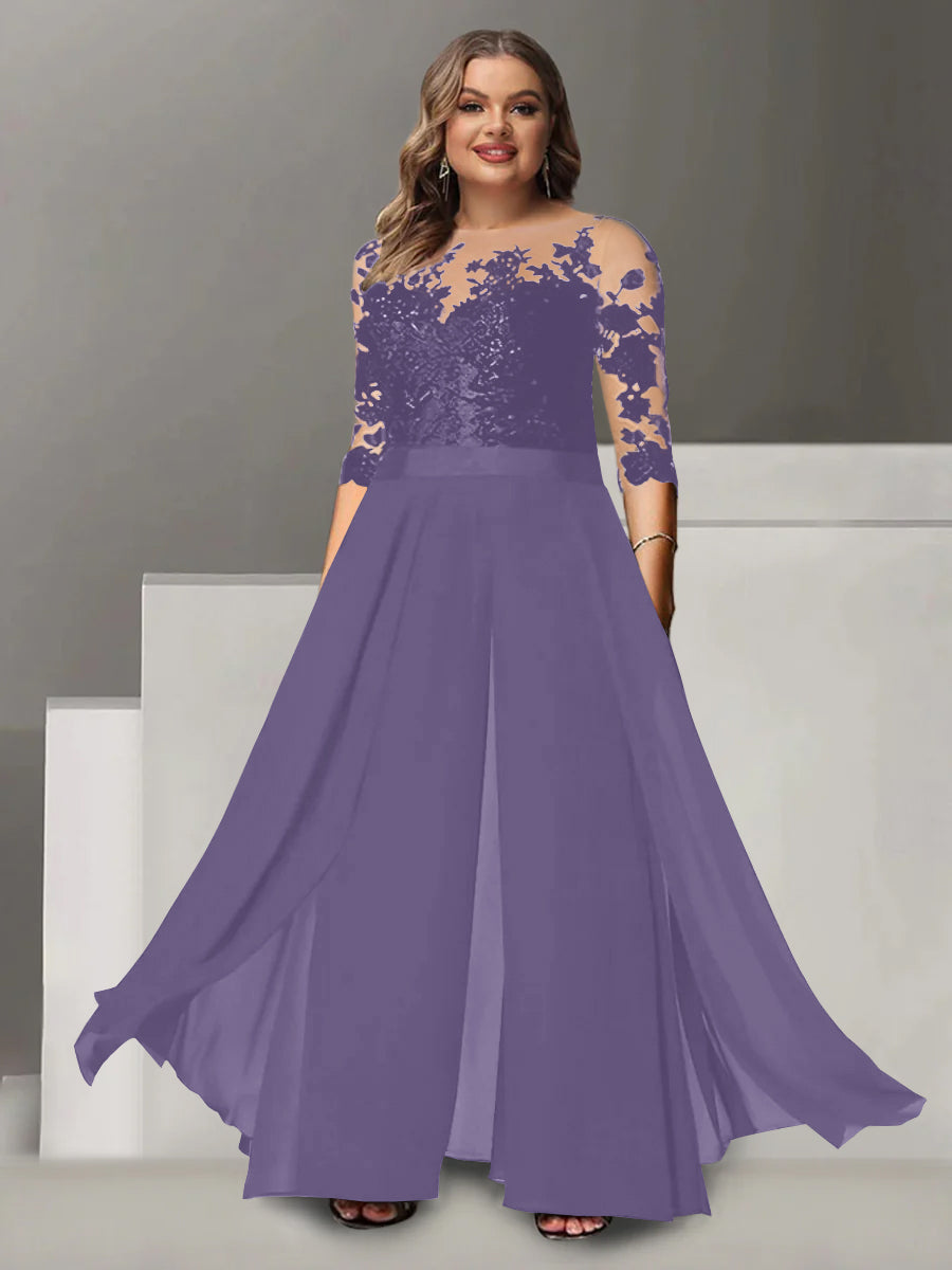 Tailleur-Pantalon pour Mère de la Mariée Grande Taille, Coupe A-Line/Princess, Col Bijou, Manches 3/4, Longueur Au Sol, avec Appliques