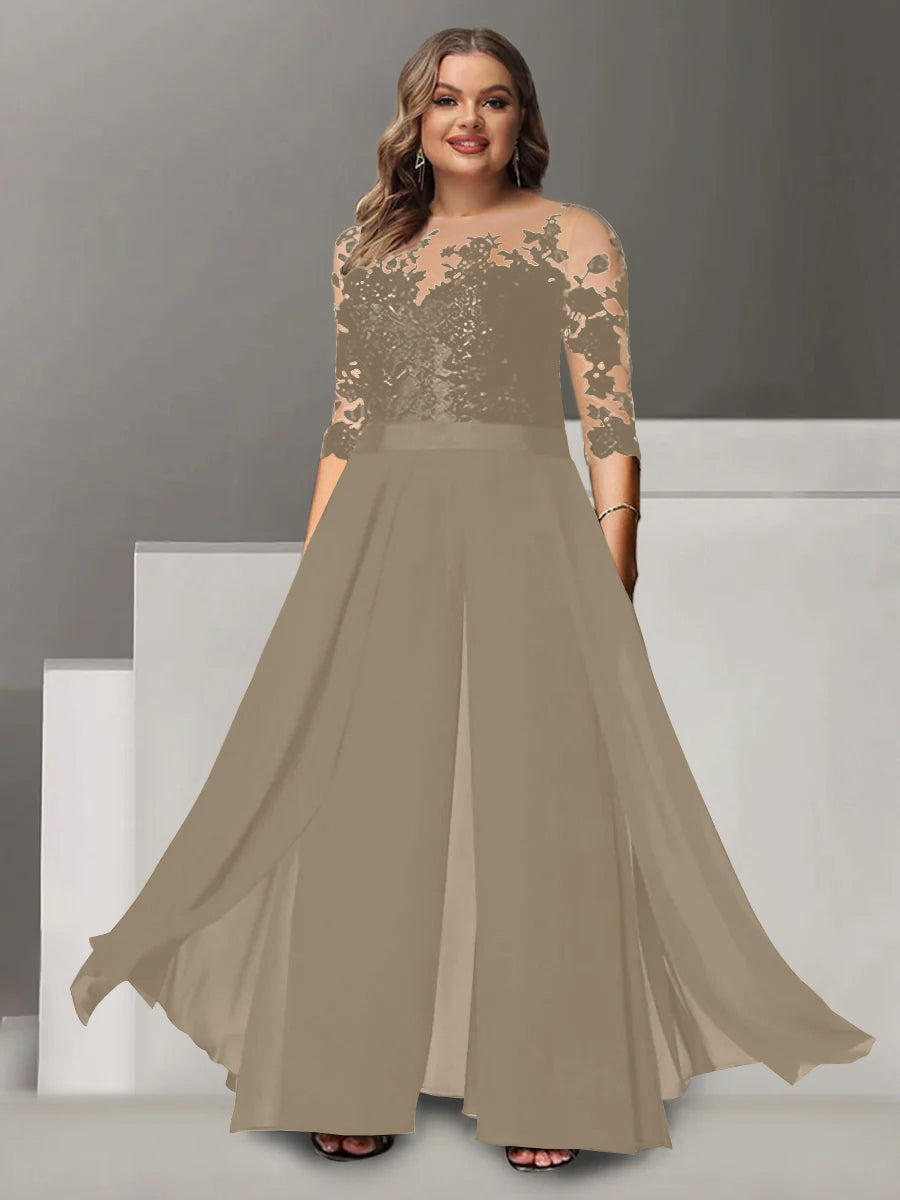 Tailleur-Pantalon pour Mère de la Mariée Grande Taille, Coupe A-Line/Princess, Col Bijou, Manches 3/4, Longueur Au Sol, avec Appliques