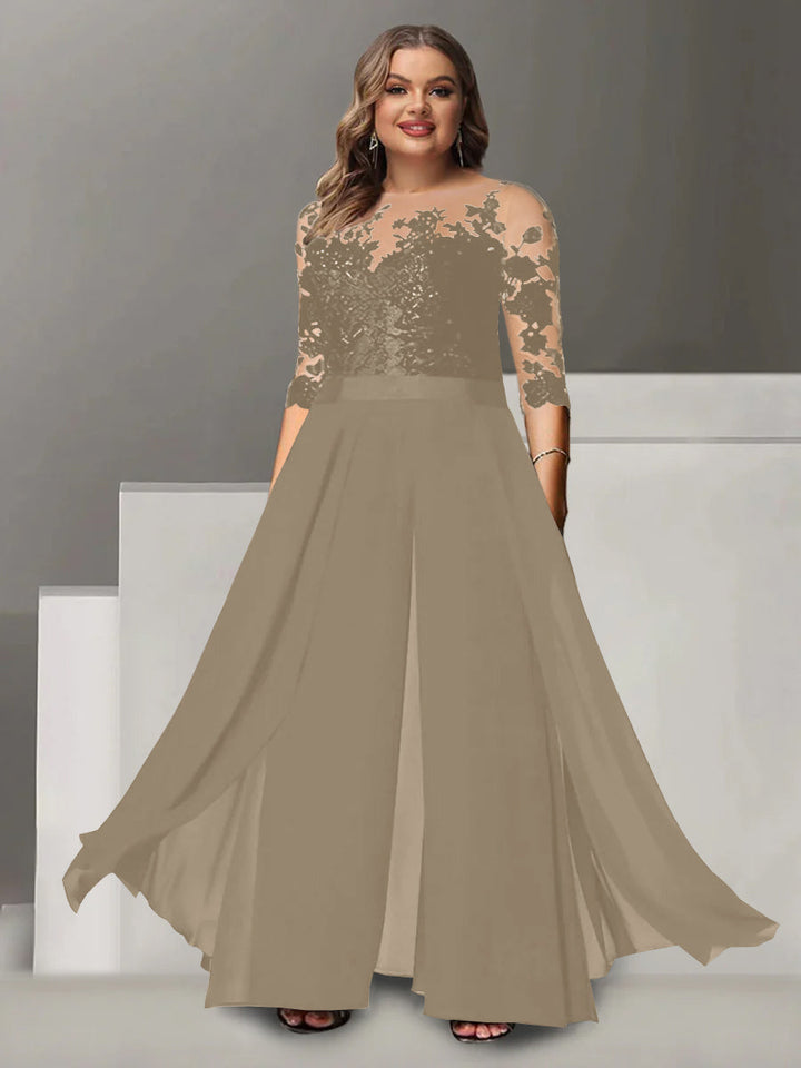 Tailleur-Pantalon pour Mère de la Mariée Grande Taille, Coupe A-Line/Princess, Col Bijou, Manches 3/4, Longueur Au Sol, avec Appliques