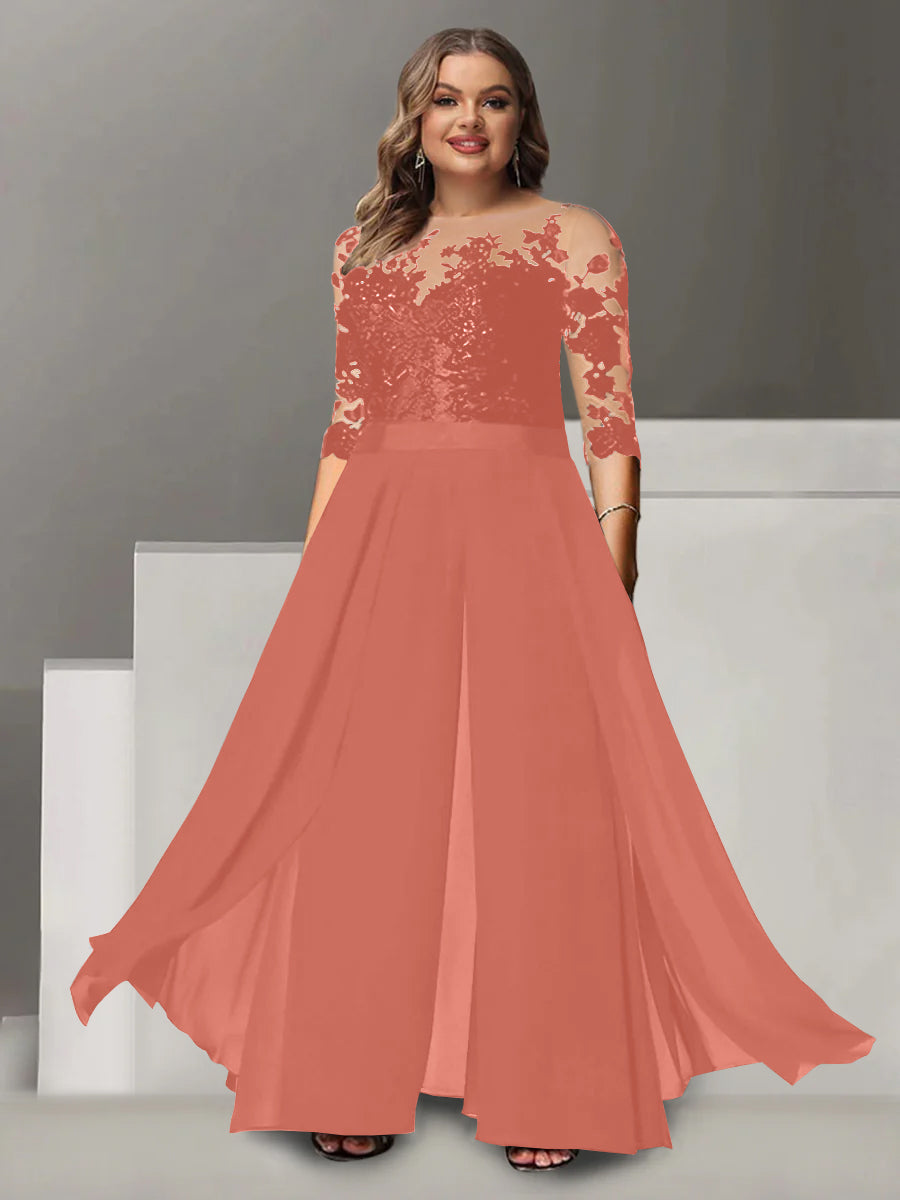 Tailleur-Pantalon pour Mère de la Mariée Grande Taille, Coupe A-Line/Princess, Col Bijou, Manches 3/4, Longueur Au Sol, avec Appliques