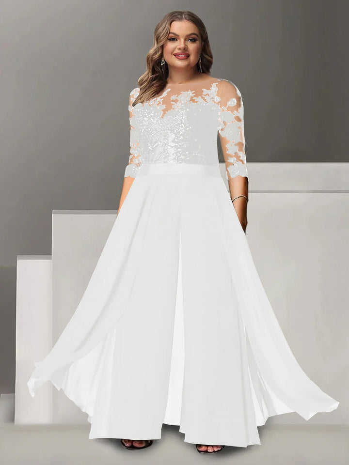 Tailleur-Pantalon pour Mère de la Mariée Grande Taille, Coupe A-Line/Princess, Col Bijou, Manches 3/4, Longueur Au Sol, avec Appliques
