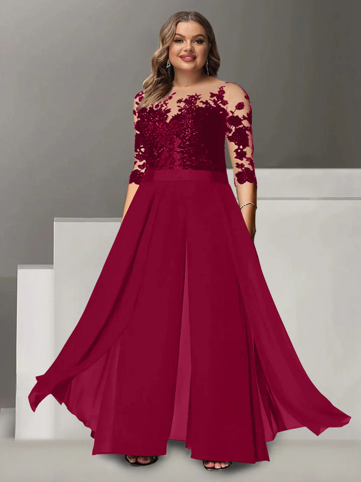 Tailleur-Pantalon pour Mère de la Mariée Grande Taille, Coupe A-Line/Princess, Col Bijou, Manches 3/4, Longueur Au Sol, avec Appliques
