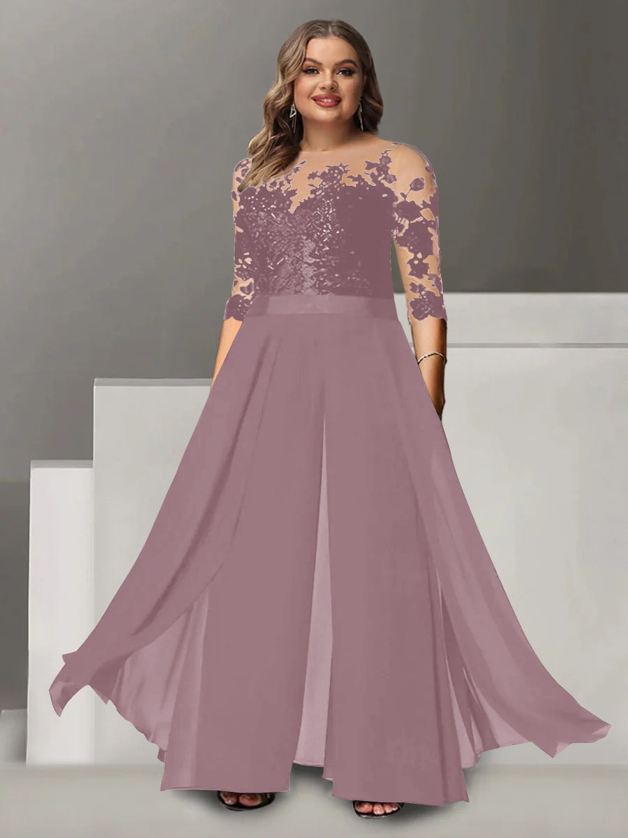 Tailleur-Pantalon pour Mère de la Mariée Grande Taille, Coupe A-Line/Princess, Col Bijou, Manches 3/4, Longueur Au Sol, avec Appliques