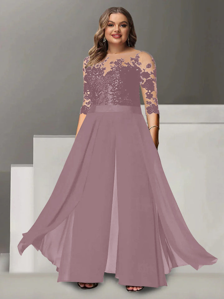 Tailleur-Pantalon pour Mère de la Mariée Grande Taille, Coupe A-Line/Princess, Col Bijou, Manches 3/4, Longueur Au Sol, avec Appliques