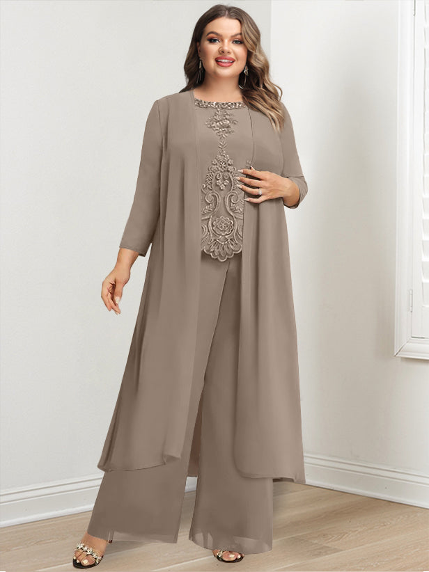 Tailleur-Pantalon en Mousseline à Col Rond et Longueur Au Sol pour Mère de la Mariée avec Veste et Applique