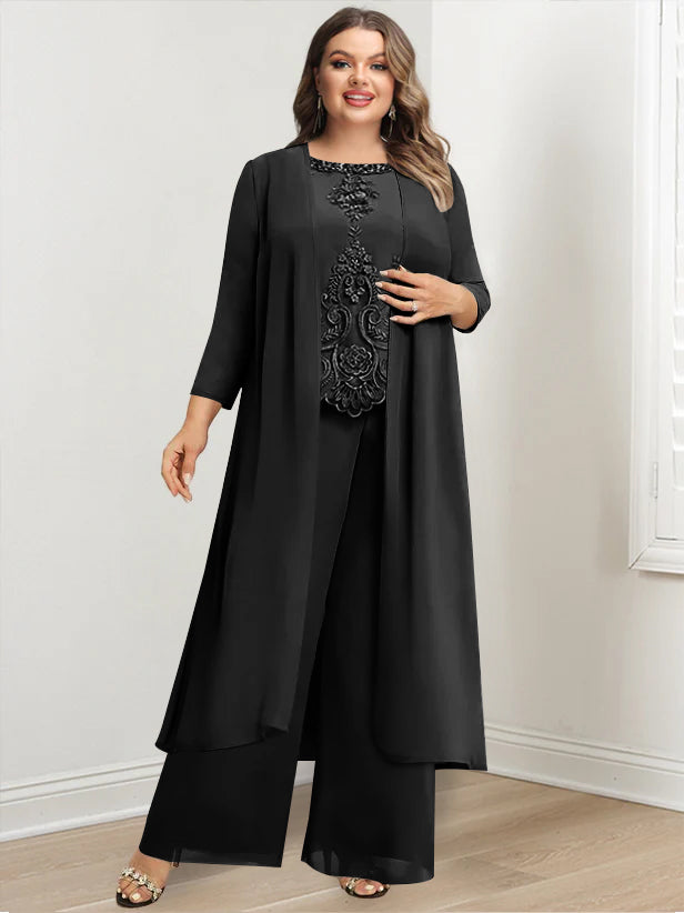 Tailleur-Pantalon en Mousseline de Soie à Col Rond et Longueur Au Sol avec Veste et Appliques pour Mère de la Mariée, Grande Taille