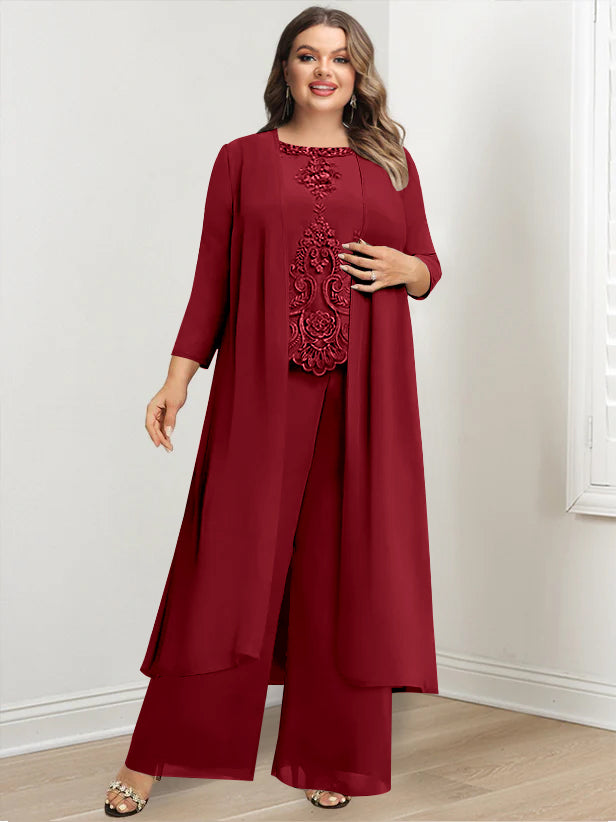 Tailleur-Pantalon en Mousseline de Soie à Col Rond et Longueur Au Sol avec Veste et Appliques pour Mère de la Mariée, Grande Taille