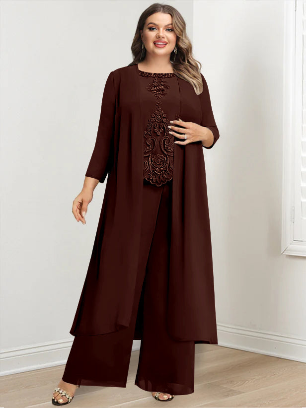 Tailleur-Pantalon en Mousseline de Soie à Col Rond et Longueur Au Sol avec Veste et Appliques pour Mère de la Mariée, Grande Taille