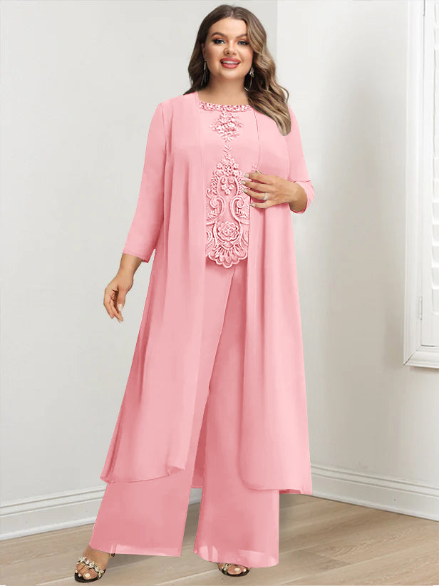 Tailleur-Pantalon en Mousseline de Soie à Col Rond et Longueur Au Sol avec Veste et Appliques pour Mère de la Mariée, Grande Taille
