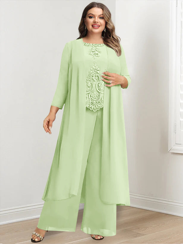 Tailleur-Pantalon en Mousseline de Soie à Col Rond et Longueur Au Sol avec Veste et Appliques pour Mère de la Mariée, Grande Taille
