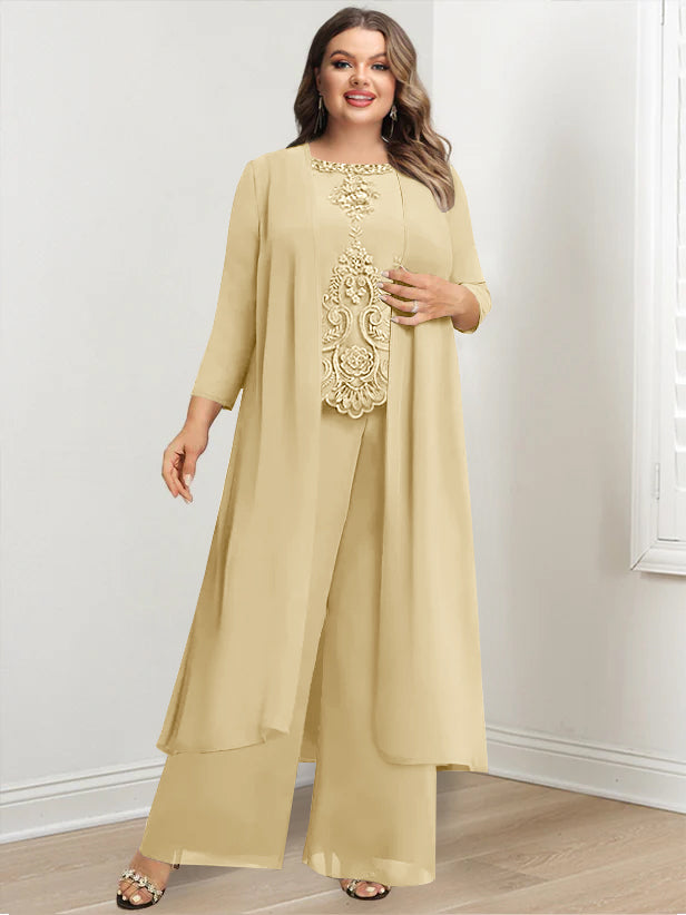 Tailleur-Pantalon en Mousseline de Soie à Col Rond et Longueur Au Sol avec Veste et Appliques pour Mère de la Mariée, Grande Taille