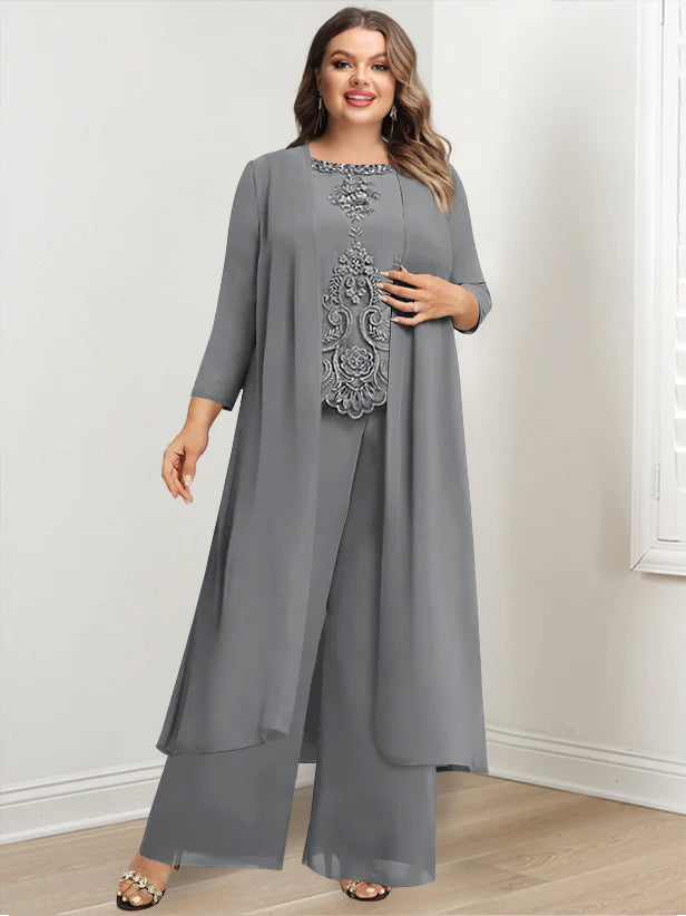 Tailleur-Pantalon en Mousseline de Soie à Col Rond et Longueur Au Sol avec Veste et Appliques pour Mère de la Mariée, Grande Taille