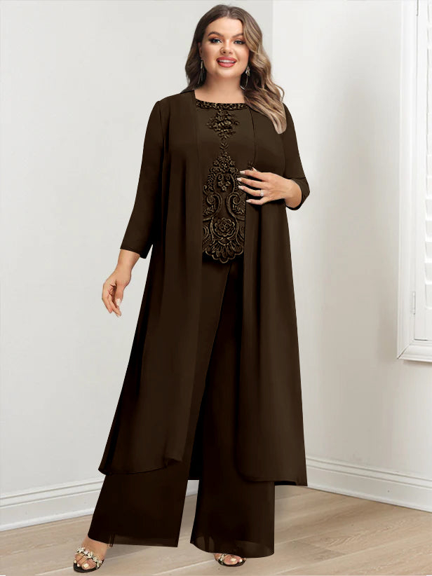 Tailleur-Pantalon en Mousseline de Soie à Col Rond et Longueur Au Sol avec Veste et Appliques pour Mère de la Mariée, Grande Taille
