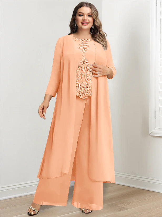 Tailleur-Pantalon en Mousseline de Soie à Col Rond et Longueur Au Sol avec Veste et Appliques pour Mère de la Mariée, Grande Taille