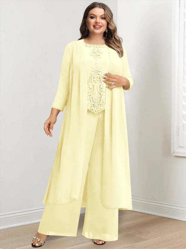 Tailleur-Pantalon en Mousseline de Soie à Col Rond et Longueur Au Sol avec Veste et Appliques pour Mère de la Mariée, Grande Taille