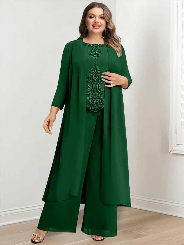 Tailleur-Pantalon en Mousseline de Soie à Col Rond et Longueur Au Sol avec Veste et Appliques pour Mère de la Mariée, Grande Taille