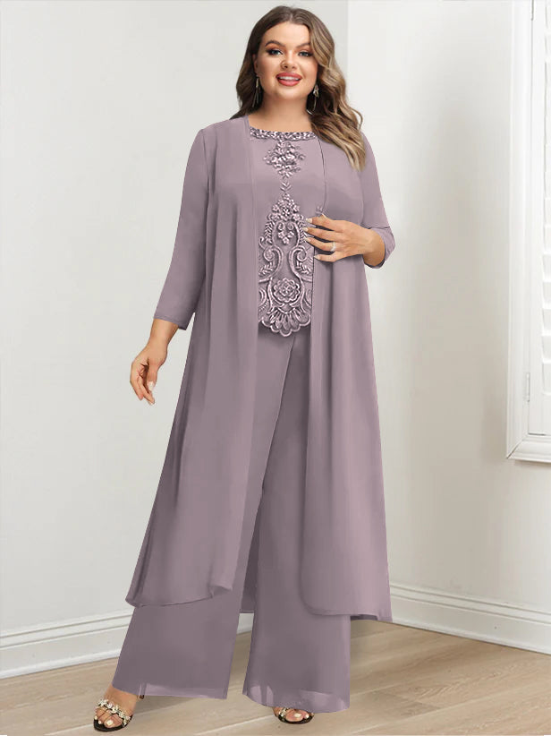 Tailleur-Pantalon en Mousseline de Soie à Col Rond et Longueur Au Sol avec Veste et Appliques pour Mère de la Mariée, Grande Taille