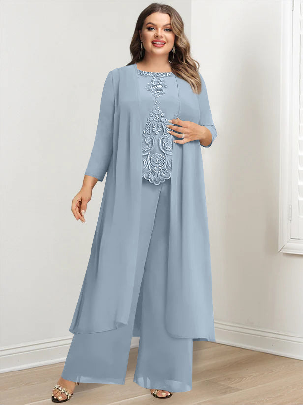 Tailleur-Pantalon en Mousseline de Soie à Col Rond et Longueur Au Sol avec Veste et Appliques pour Mère de la Mariée, Grande Taille