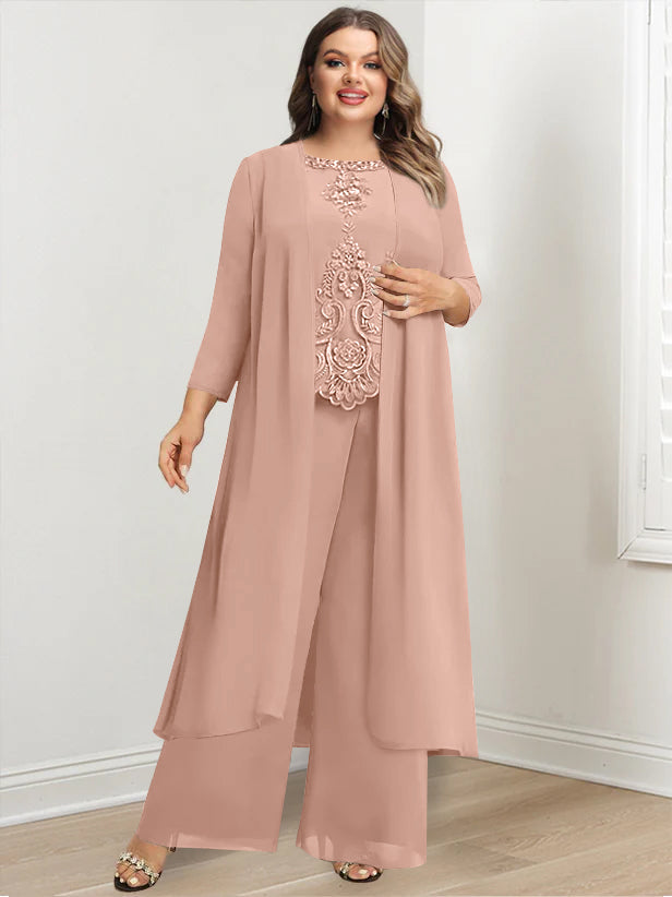Tailleur-Pantalon en Mousseline de Soie à Col Rond et Longueur Au Sol avec Veste et Appliques pour Mère de la Mariée, Grande Taille