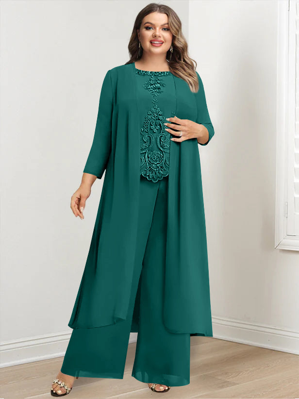 Tailleur-Pantalon en Mousseline de Soie à Col Rond et Longueur Au Sol avec Veste et Appliques pour Mère de la Mariée, Grande Taille