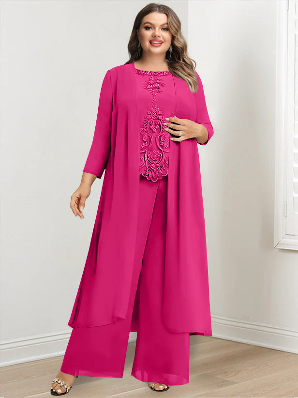Tailleur-Pantalon en Mousseline de Soie à Col Rond et Longueur Au Sol avec Veste et Appliques pour Mère de la Mariée, Grande Taille