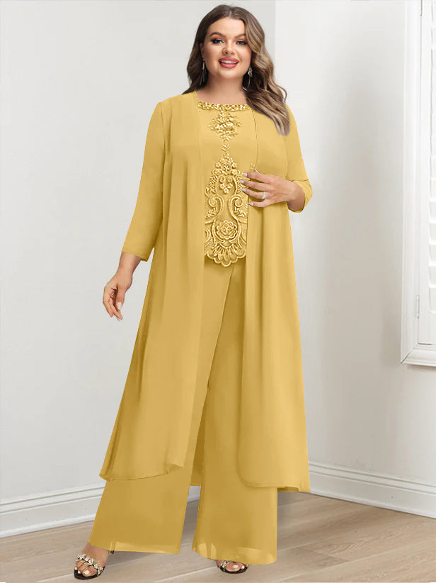 Tailleur-Pantalon en Mousseline de Soie à Col Rond et Longueur Au Sol avec Veste et Appliques pour Mère de la Mariée, Grande Taille