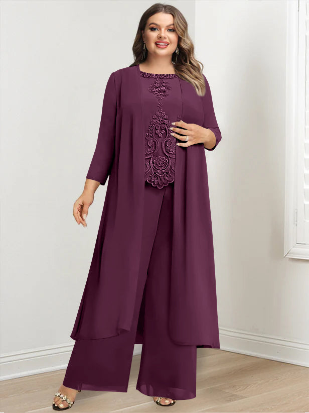 Tailleur-Pantalon en Mousseline de Soie à Col Rond et Longueur Au Sol avec Veste et Appliques pour Mère de la Mariée, Grande Taille