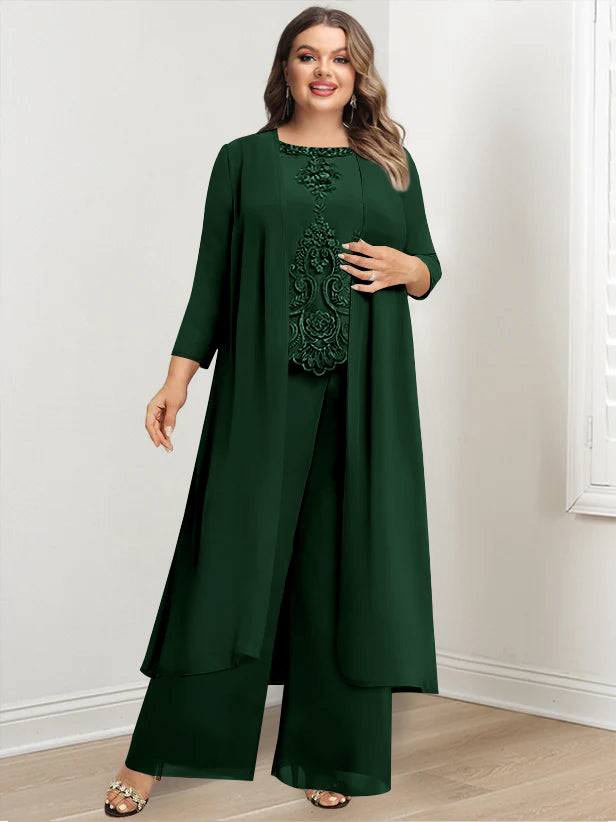 Tailleur-Pantalon en Mousseline de Soie à Col Rond et Longueur Au Sol avec Veste et Appliques pour Mère de la Mariée, Grande Taille