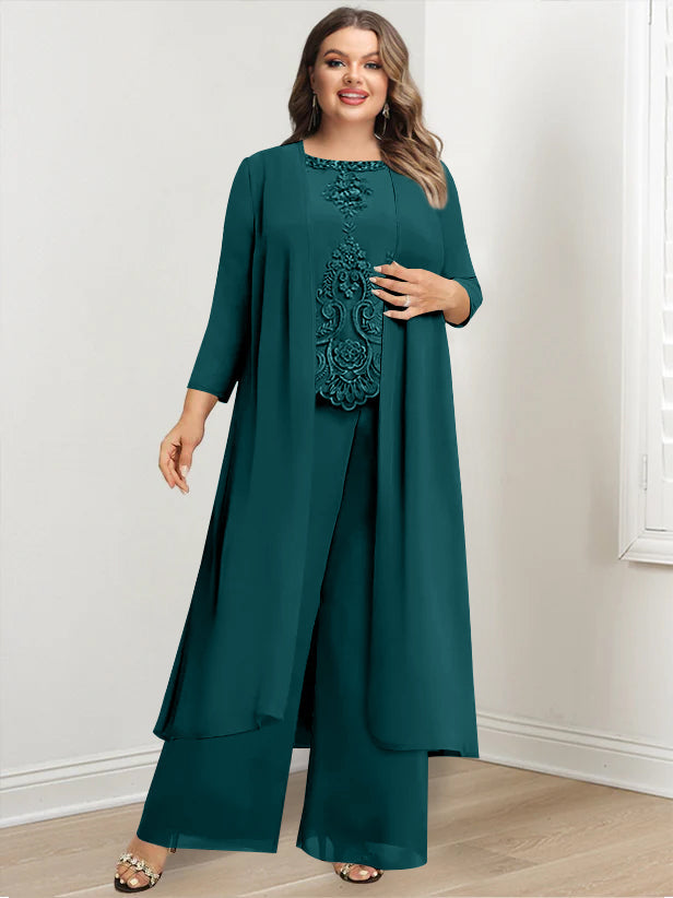 Tailleur-Pantalon en Mousseline de Soie à Col Rond et Longueur Au Sol avec Veste et Appliques pour Mère de la Mariée, Grande Taille