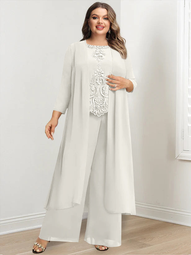 Tailleur-Pantalon en Mousseline de Soie à Col Rond et Longueur Au Sol avec Veste et Appliques pour Mère de la Mariée, Grande Taille
