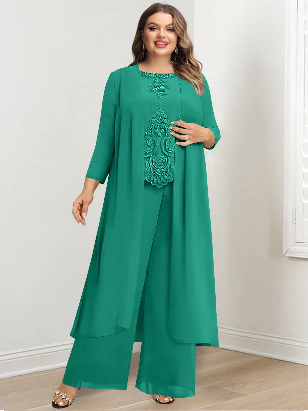 Tailleur-Pantalon en Mousseline de Soie à Col Rond et Longueur Au Sol avec Veste et Appliques pour Mère de la Mariée, Grande Taille