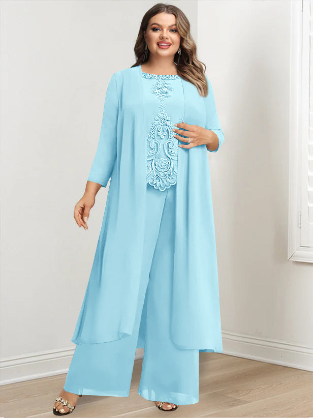 Tailleur-Pantalon en Mousseline de Soie à Col Rond et Longueur Au Sol avec Veste et Appliques pour Mère de la Mariée, Grande Taille