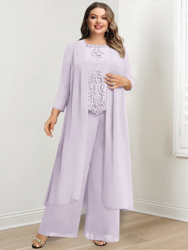 Tailleur-Pantalon en Mousseline de Soie à Col Rond et Longueur Au Sol avec Veste et Appliques pour Mère de la Mariée, Grande Taille