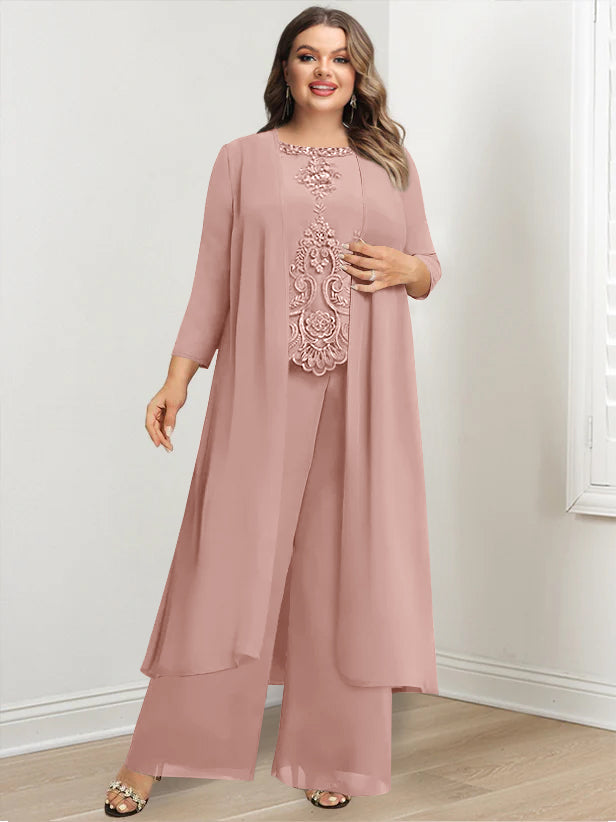 Tailleur-Pantalon en Mousseline de Soie à Col Rond et Longueur Au Sol avec Veste et Appliques pour Mère de la Mariée, Grande Taille
