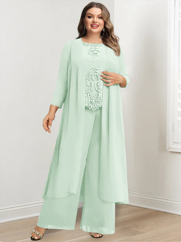 Tailleur-Pantalon en Mousseline de Soie à Col Rond et Longueur Au Sol avec Veste et Appliques pour Mère de la Mariée, Grande Taille