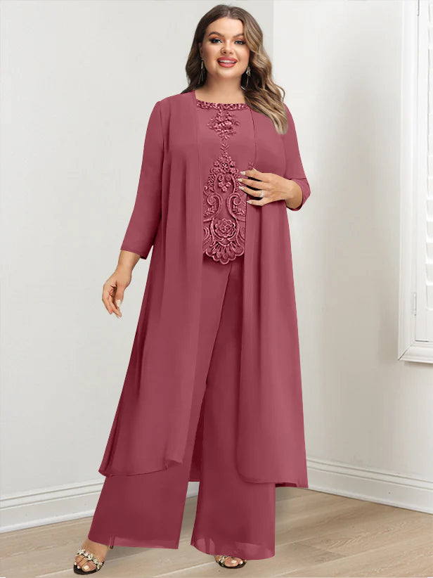 Tailleur-Pantalon en Mousseline de Soie à Col Rond et Longueur Au Sol avec Veste et Appliques pour Mère de la Mariée, Grande Taille