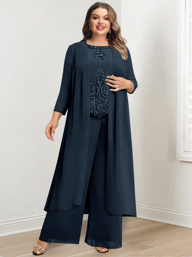 Tailleur-Pantalon en Mousseline de Soie à Col Rond et Longueur Au Sol avec Veste et Appliques pour Mère de la Mariée, Grande Taille