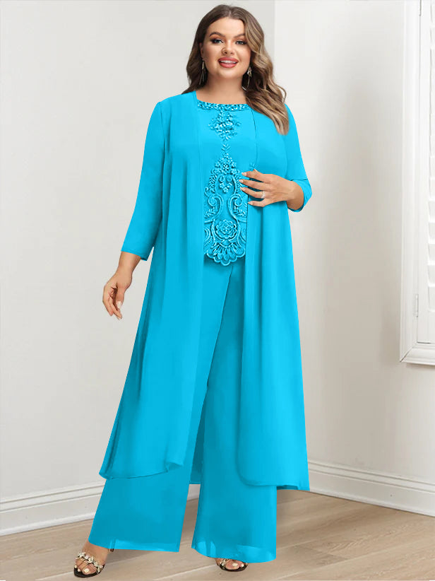 Tailleur-Pantalon en Mousseline de Soie à Col Rond et Longueur Au Sol avec Veste et Appliques pour Mère de la Mariée, Grande Taille